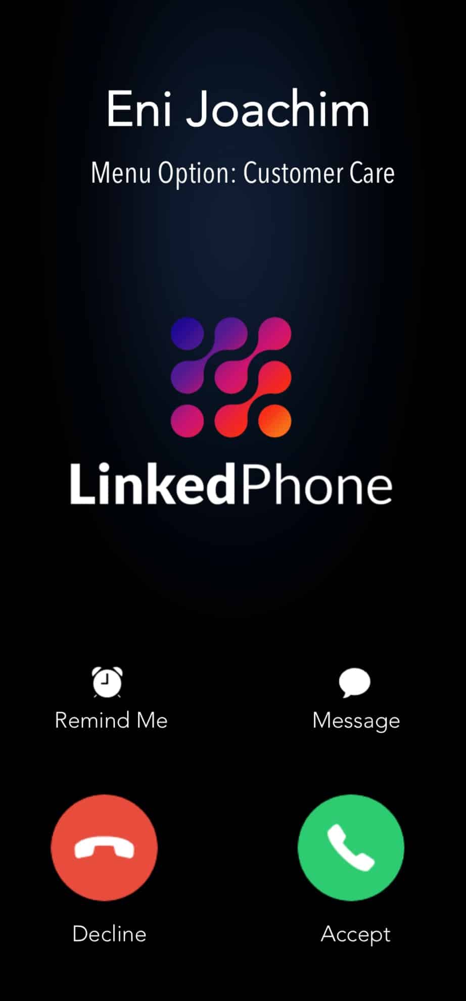 LinkedPhone mobile app screenshot of call screening; incoming business call vs personal call