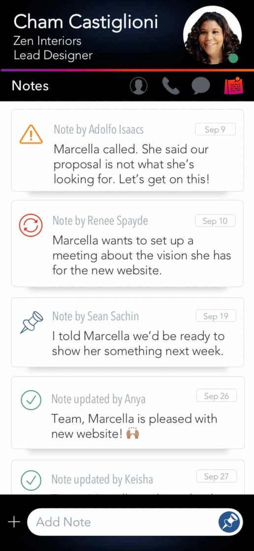 LinkedNotes Mobile App CRM Notes Stream for Single Customer