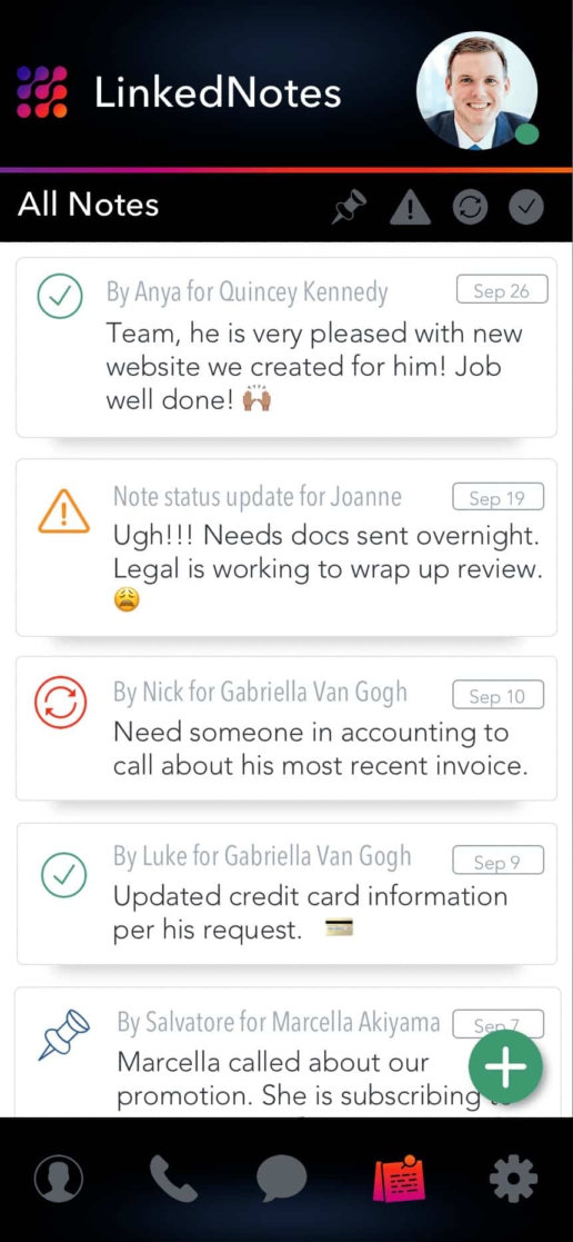 LinkedNotes Mobile App CRM Stream for All Customers Screenshot