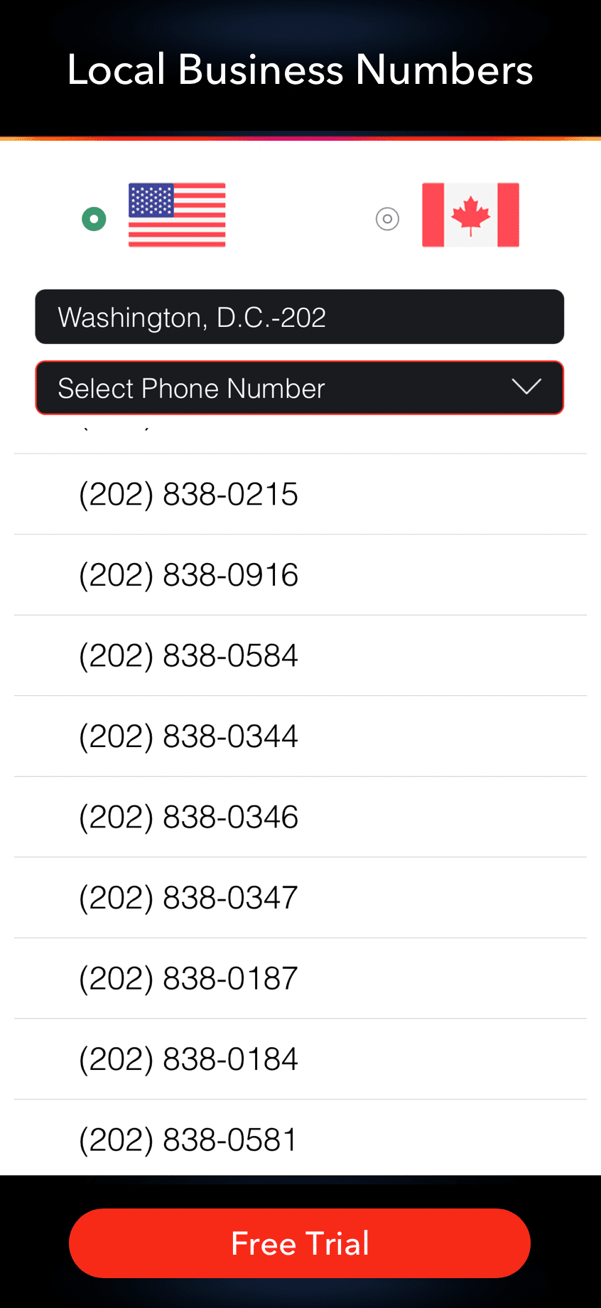LinkedPhone Mobile App Screenshot of Select Local Area Code Business Phone Number