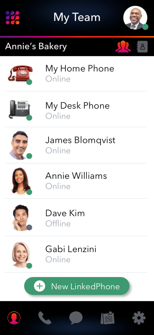 LinkedPhone Mobile App Screenshot of Team Contacts and Colleaues