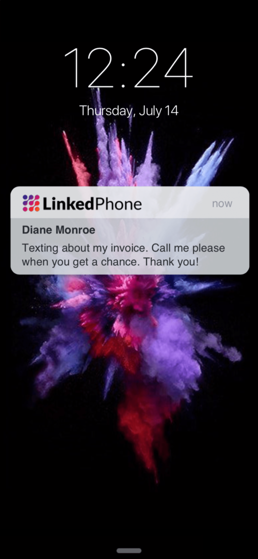 LinkedPhone Mobile App Screenshot of Incoming Business Text Message Notification