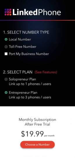 LinkedPhone Mobile App Screenshot - Choose a Subscription - Entrepreneur Plan Plan