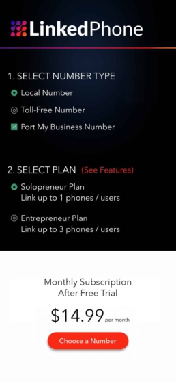 LinkedPhone Mobile App Screenshot - Choose a Subscription - Solopreneur Plan