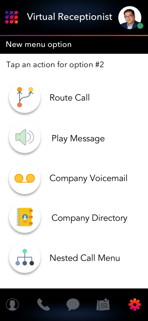 Virtual Receptionist and Call Menu Options LinkedPhone Mobile App Screenshot