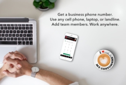 Desk, plant, laptop, mobile phone displaying cloud-based phone system sofware app